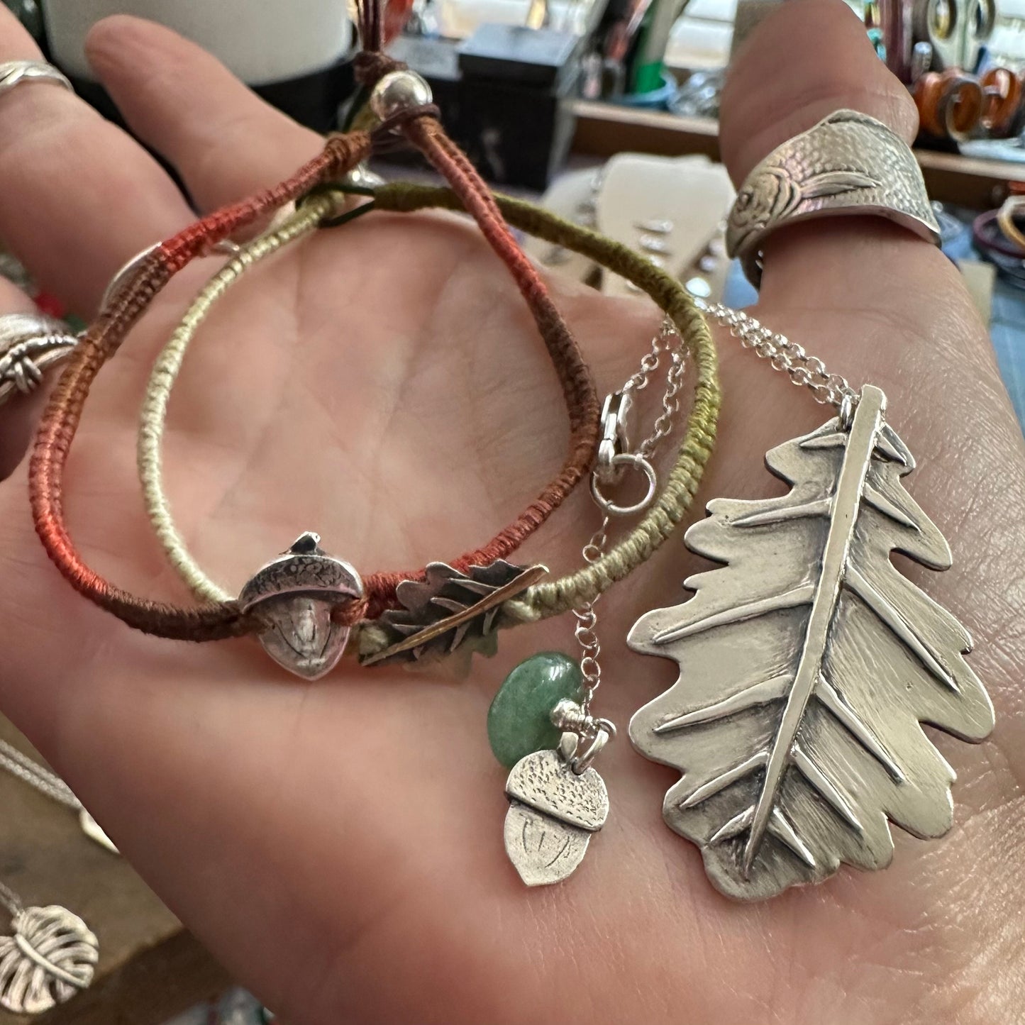 A lovely unique large oak leaf and acorn handmade in eco friendly fine silver on a sterling silver necklace.